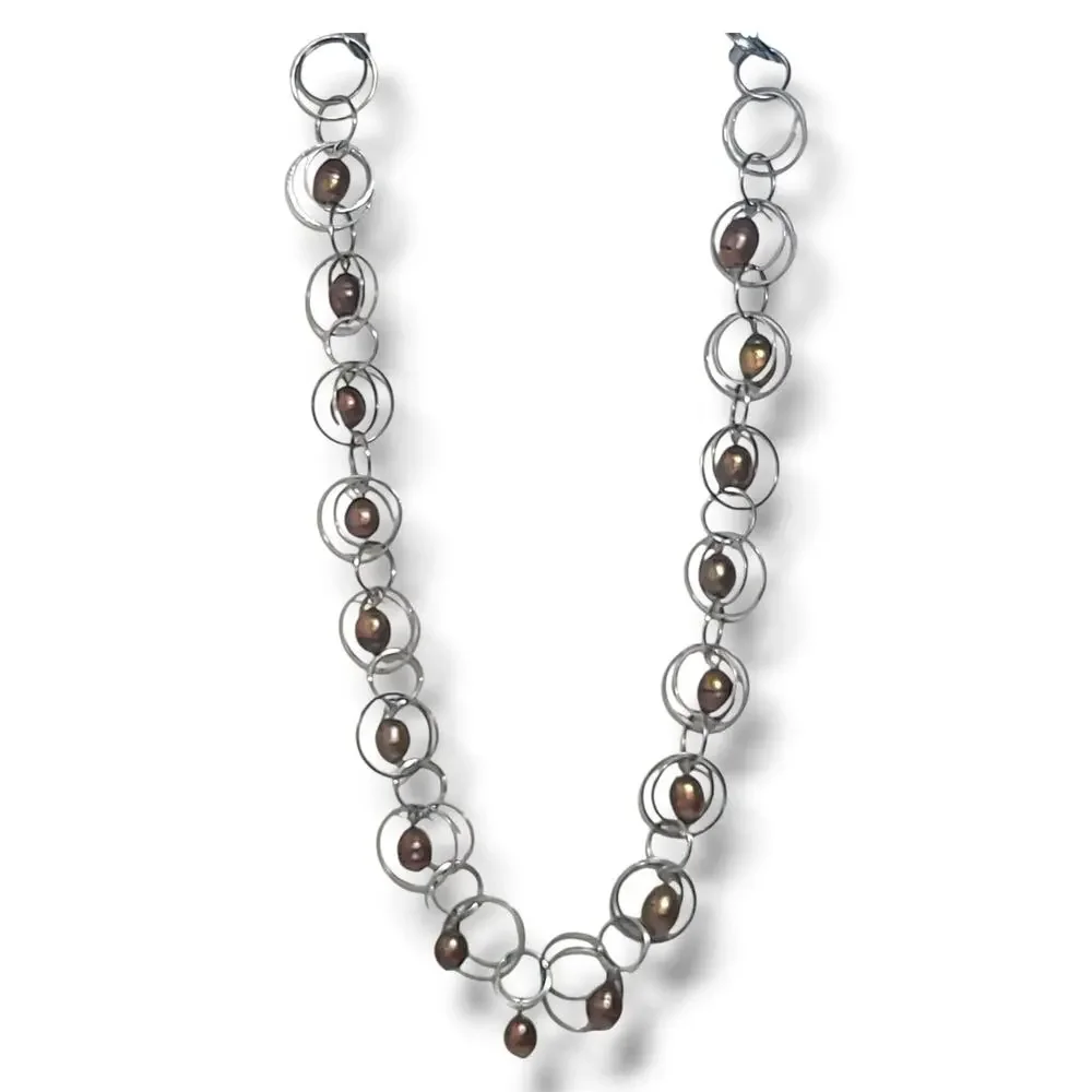 Silver Tone‎ Hoop Chain Bronze Potato Freshwater Pearls Station Necklace